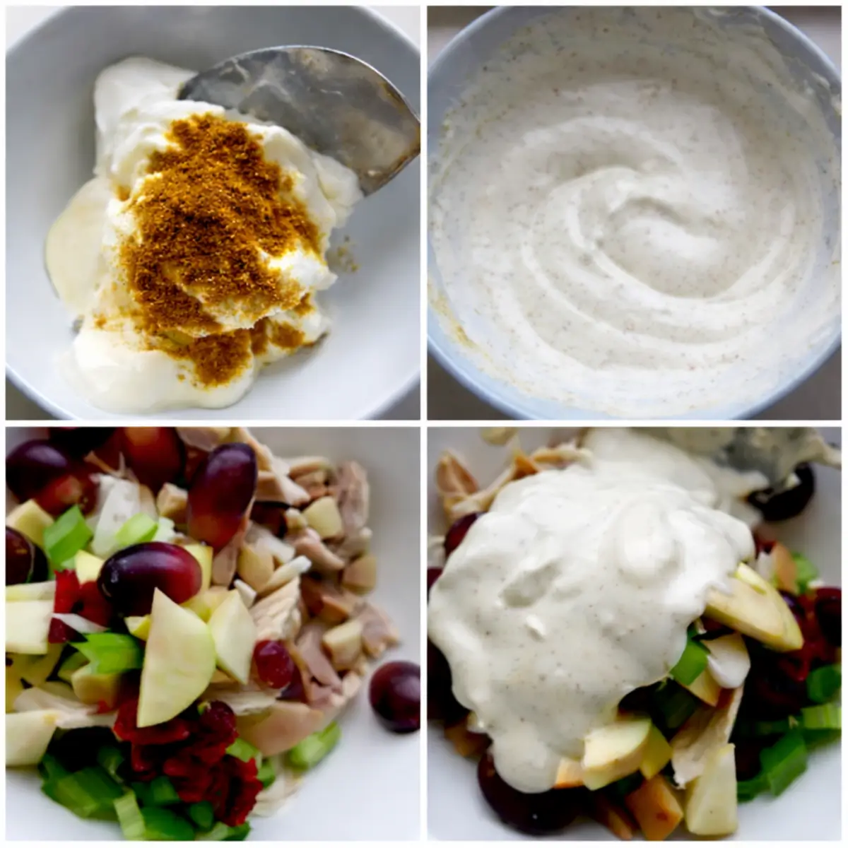 Greek yoghurt mixed with curry powder, then blended into a smooth dressing and poured over chopped chicken, fruit, and vegetables.