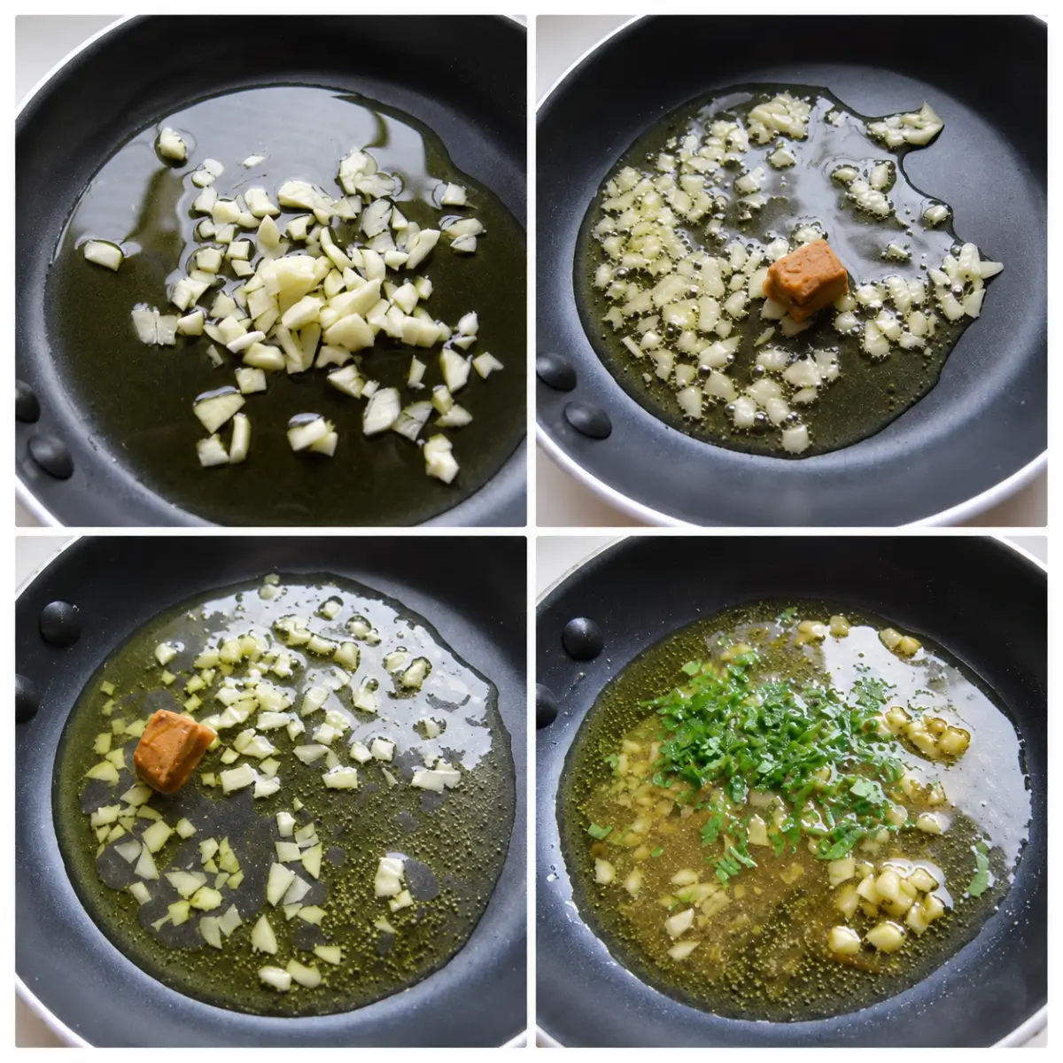Chopped garlic cooking in olive oil as bouillon and parsley are added to the pan.