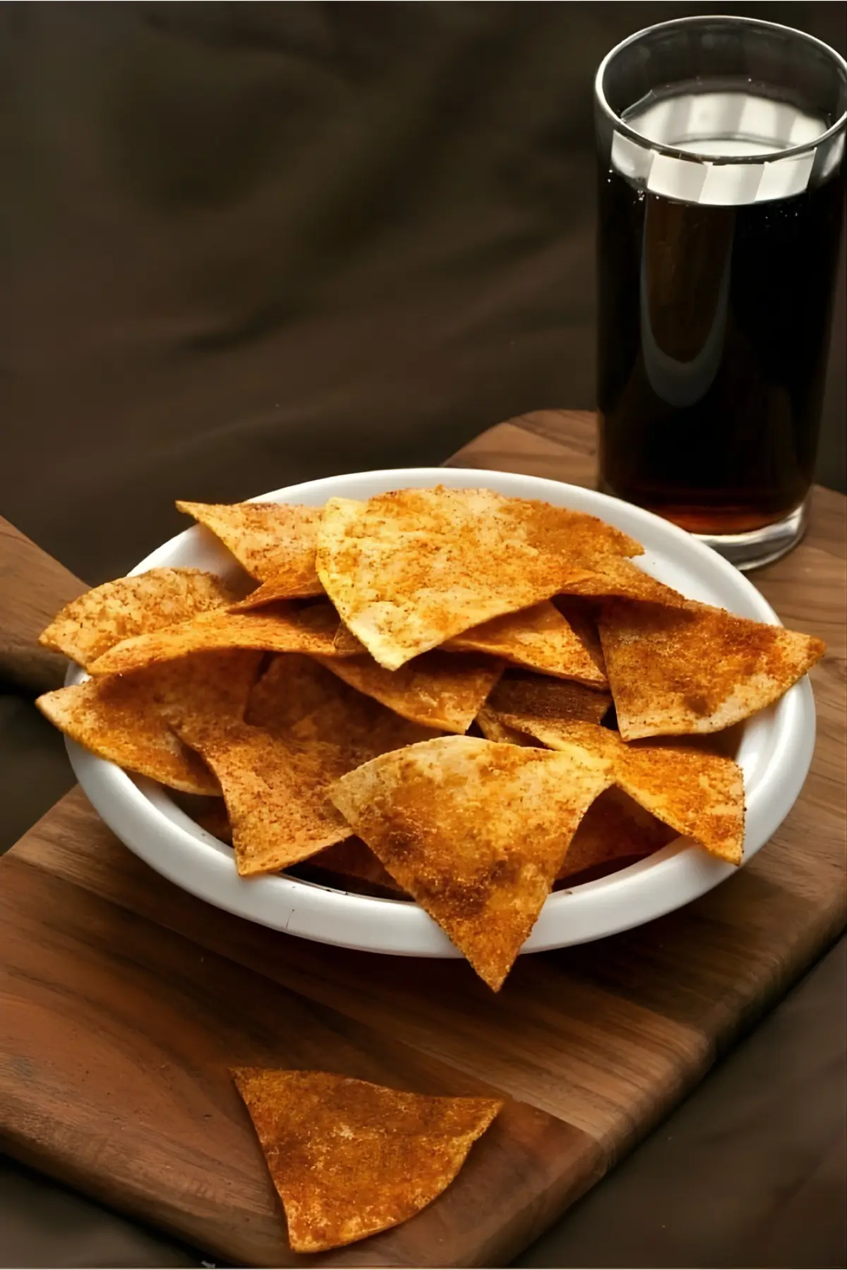 Bowl of seasoned DIY Doritos served with a glass of dark soda on a wooden board.