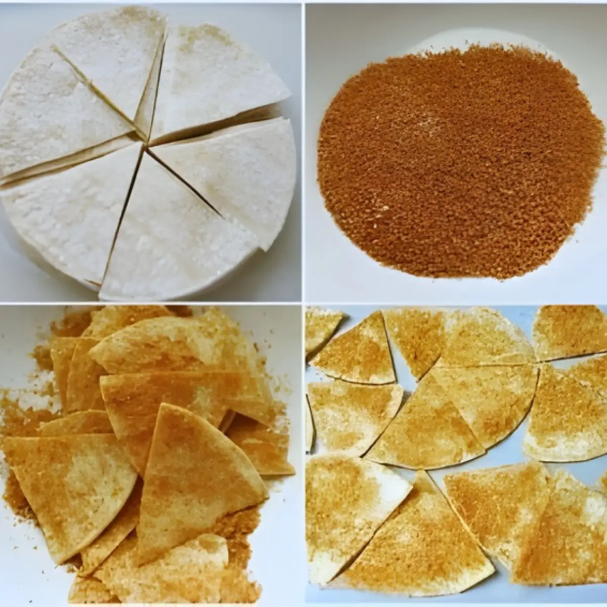 Process collage showing tortilla wedges, spice mix, coated wedges, and chips arranged on a tray.