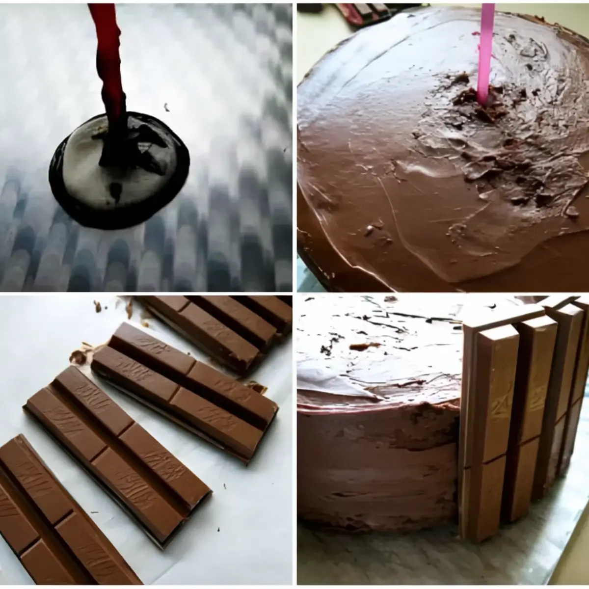 Sequence showing melted chocolate, inserting a support stick, cutting chocolate bars, and placing them around the cake sides.