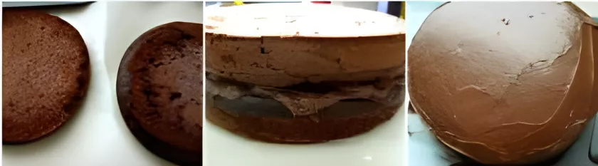 Process photo showing leveled chocolate cake layers and crumb coating with icing.
