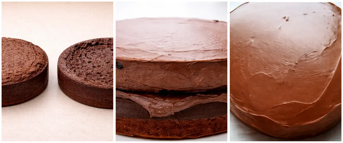 Chocolate cake layers stacked with icing and smoothed into an even crumb coat for an M&M’s Kit Kat cake.
