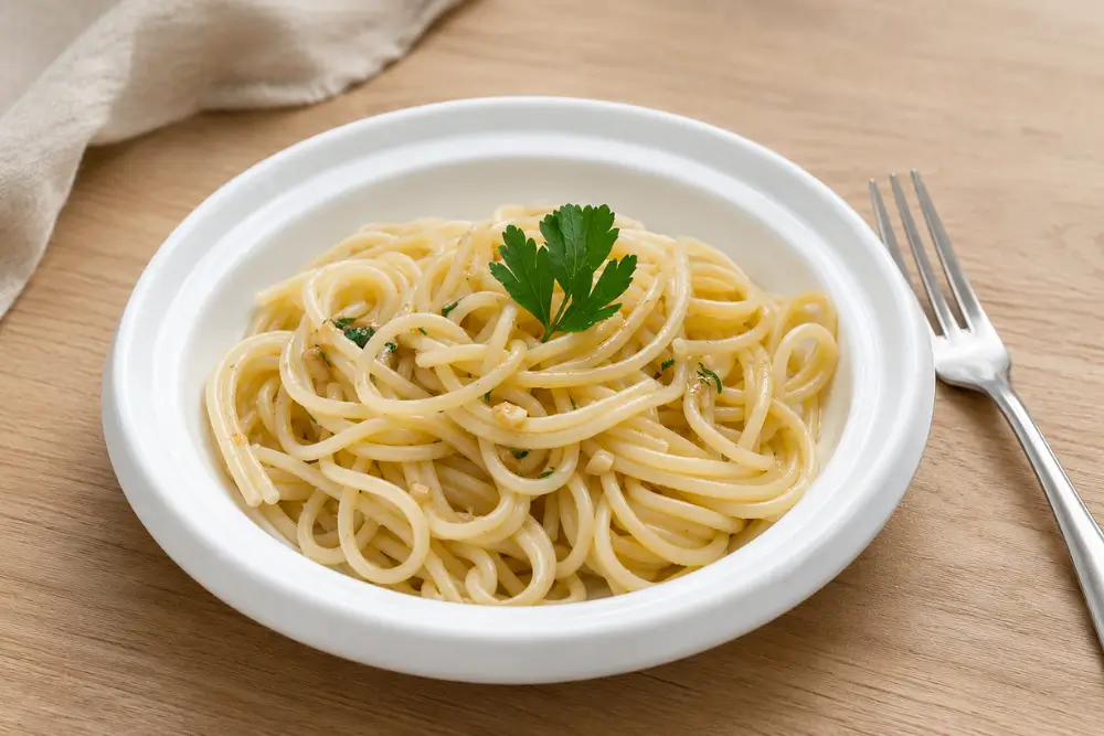 Pasta with Garlic and Parsley served in a white ceramic bowl.