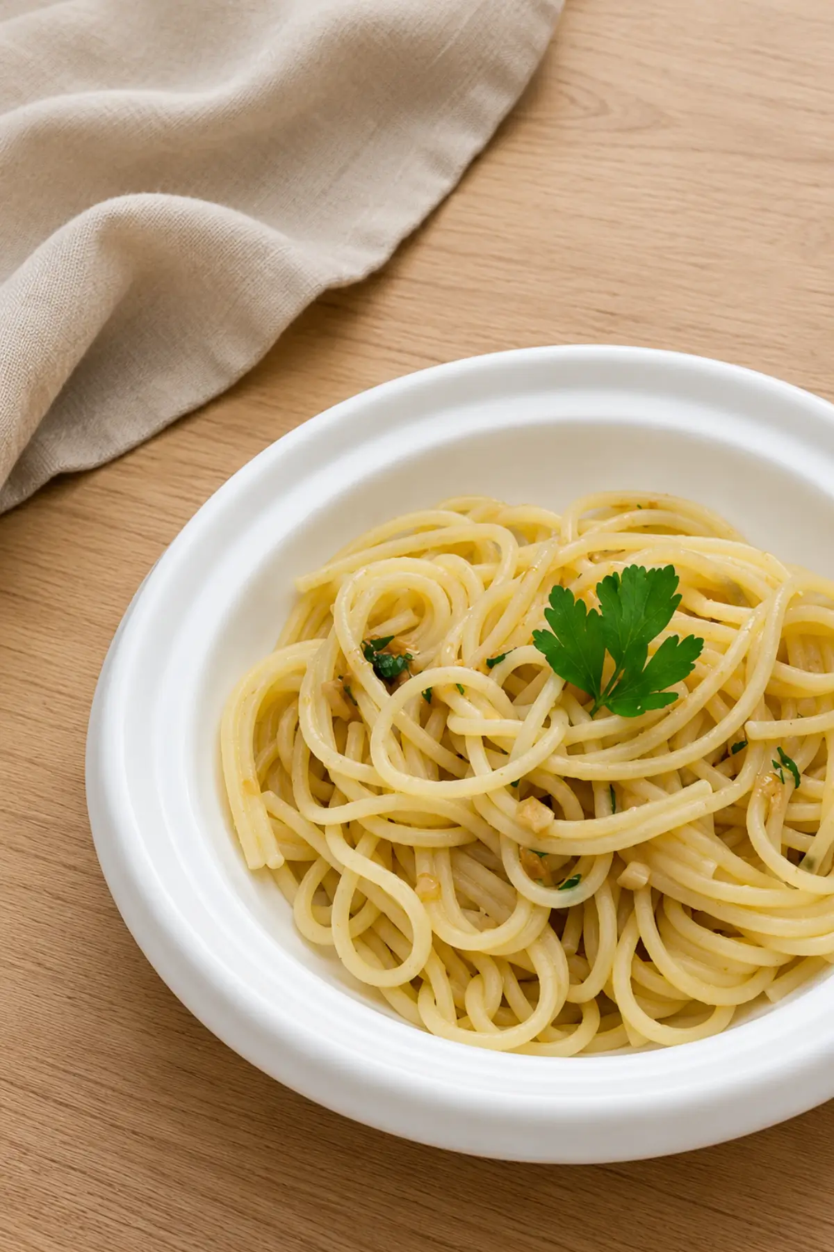 Spaghetti tossed with garlic, parsley and olive oil in a white bowl.