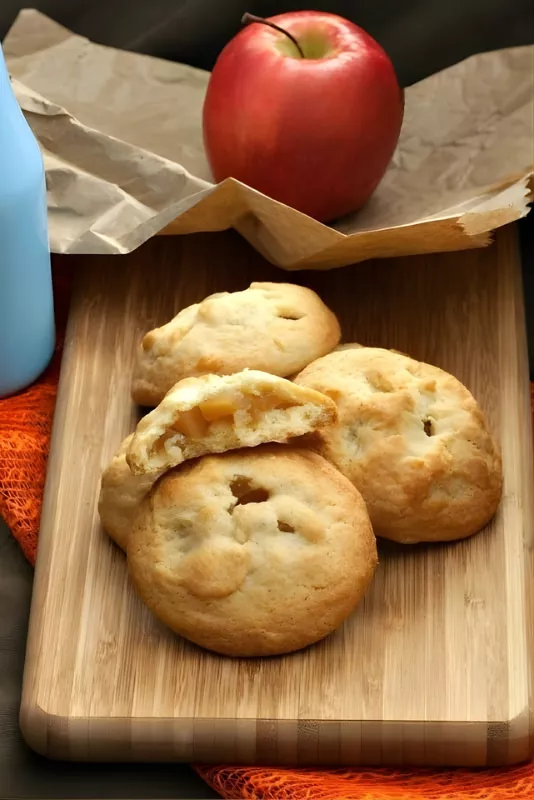 Apple Filled Cookies on a wooden board with a red apple in the background.