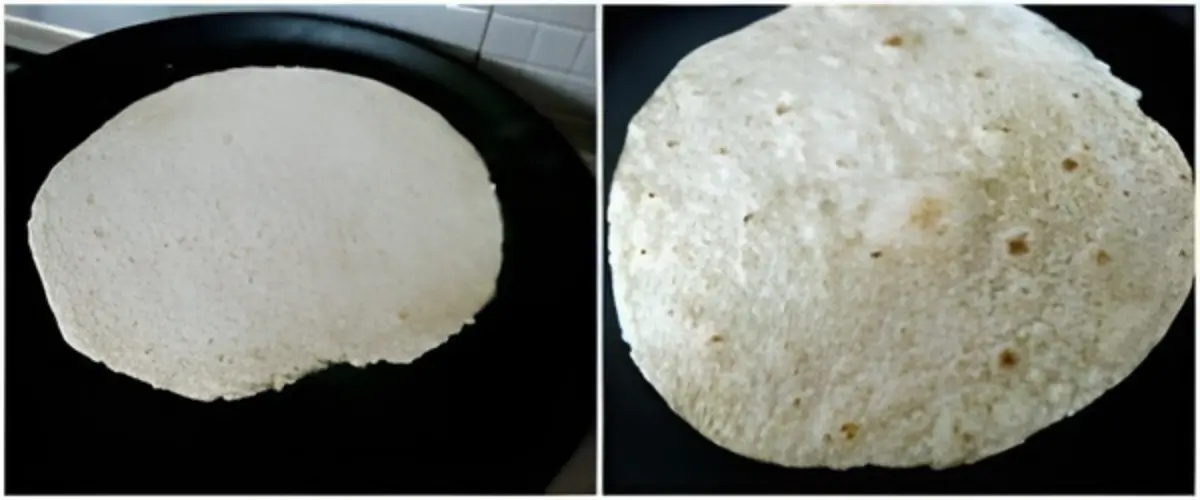 A collage showing a chapati cooking on a skillet and lightly puffing as it heats.