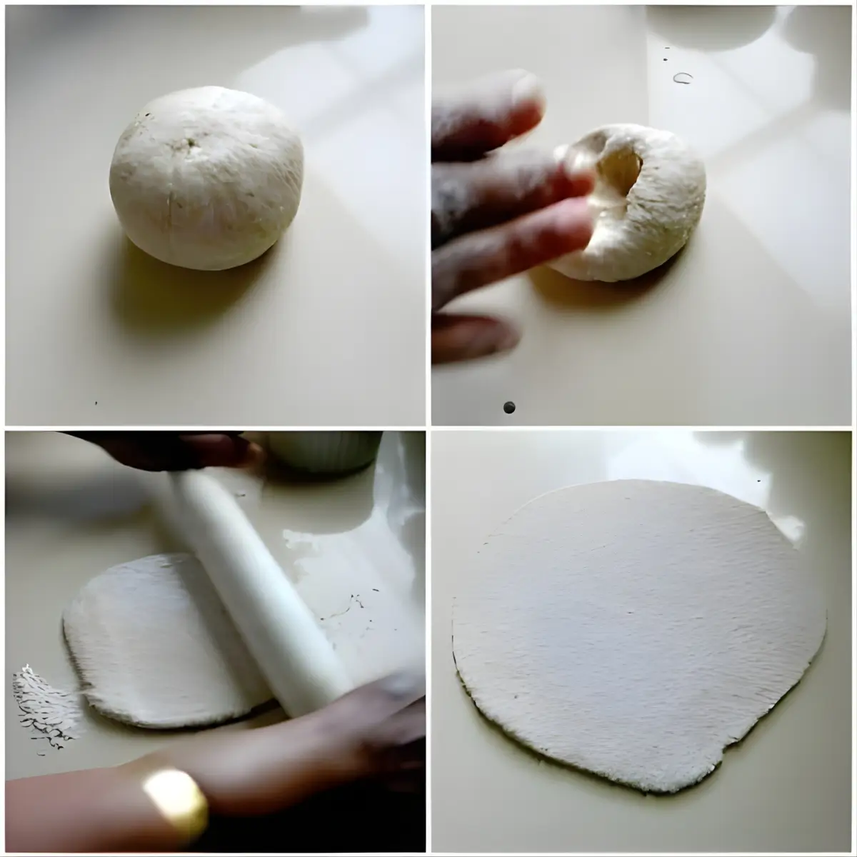 A collage showing the chapati dough being shaped, flattened, and rolled out into a thin circle.