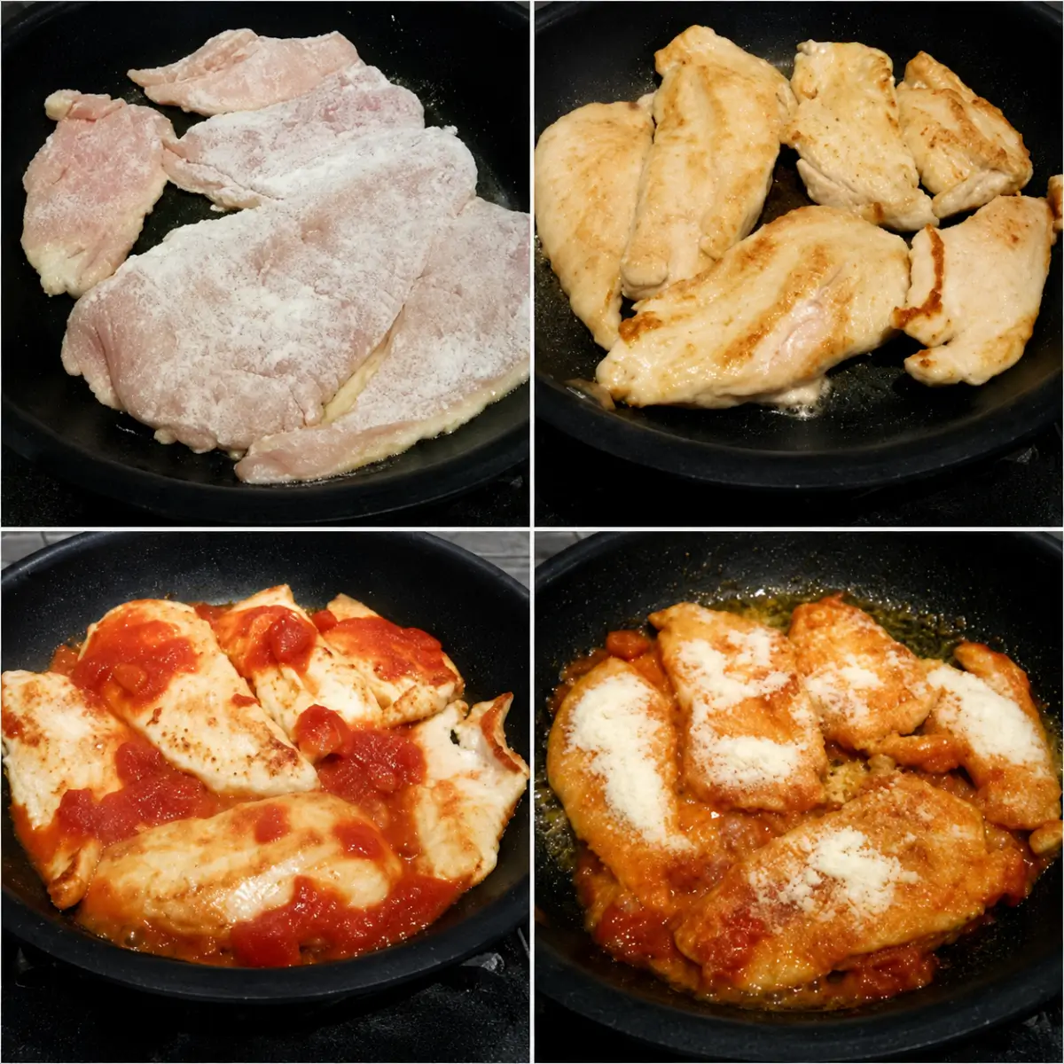 Floured chicken breast shown as it browns, simmers in tomato sauce and gets topped with Parmigiano Reggiano.