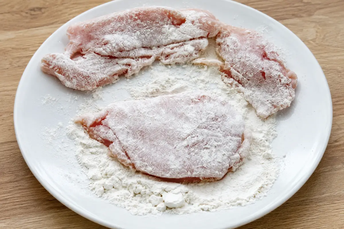 Thin chicken breast slices dredged with flour on a white plate.