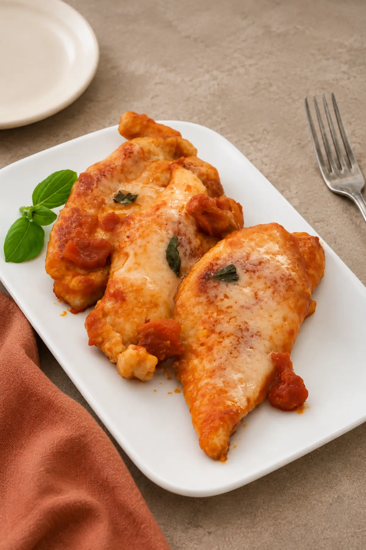 Tomato Chicken with Parmigiano Reggiano served on a white platter with fresh basil.