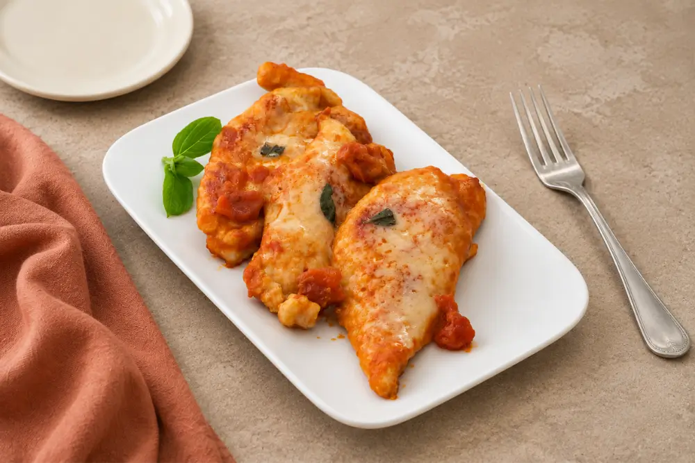 Chicken in tomato sauce topped with melted Parmigiano Reggiano and basil leaves.
