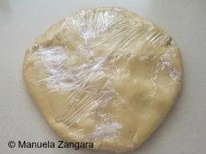 Cookie dough for Italian apple cookies flattened and wrapped in cling film before chilling.