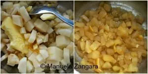 Apples cooking with butter, brown sugar, and marmalade to make an easy apple filling for cookies.