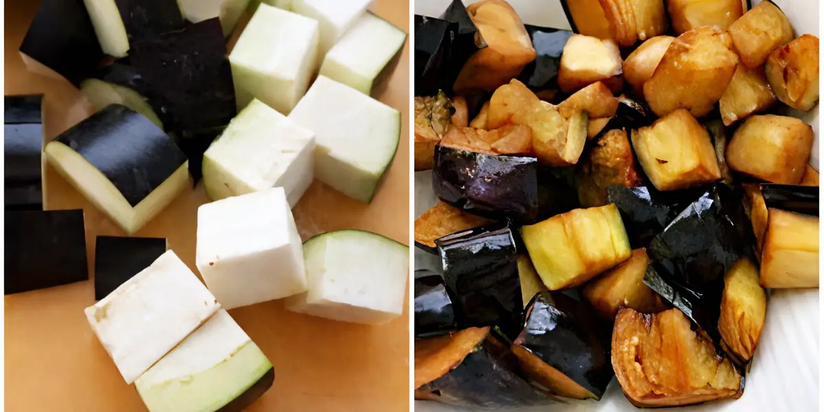 Collage showing eggplant soaking in salted water, softened onions, browning fish cubes, and tomato sauce mixture forming in a pot.