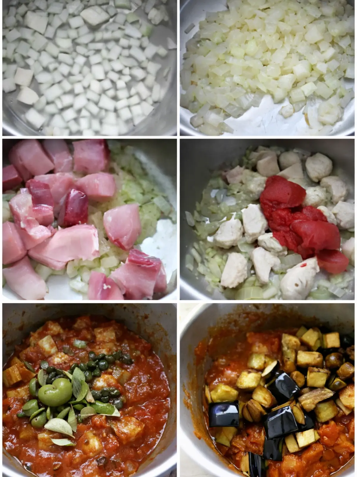 Collage showing diced eggplant soaking, softened onions, browning swordfish, tomato mixture with olives and capers, and fried eggplant added to the sauce
