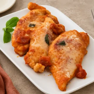 Pan-fried chicken served with tomato sauce, melted cheese and fresh basil.