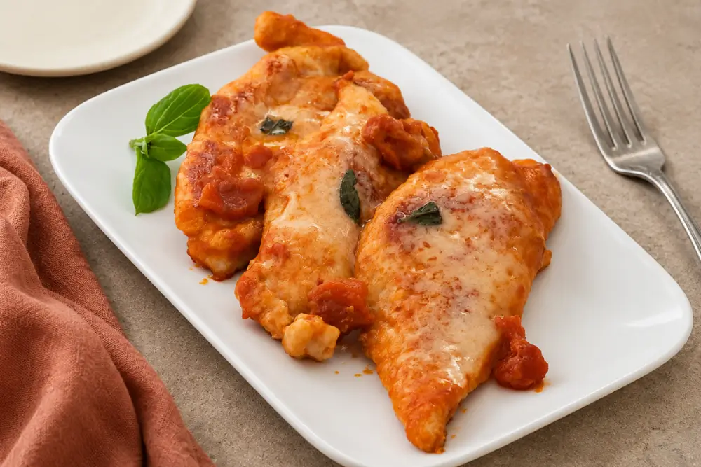Pan-fried chicken served with tomato sauce, melted cheese and fresh basil.