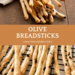 Crunchy breadsticks with black olives tied with twine on a rustic cloth.