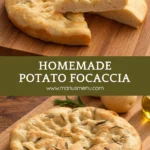 Rosemary focaccia with a soft crumb beside whole potatoes on a wooden board.