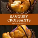 Baked savoury croissants arranged in a wicker basket.