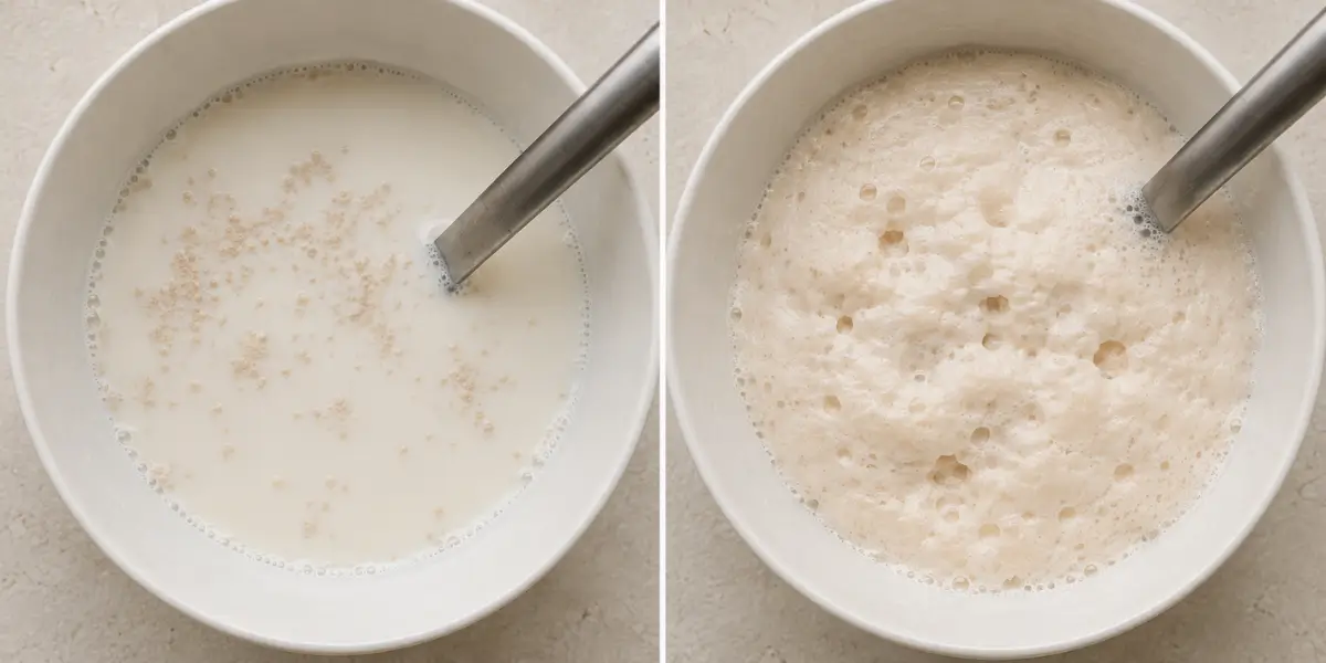Yeast mixed with lukewarm milk before and after becoming frothy.