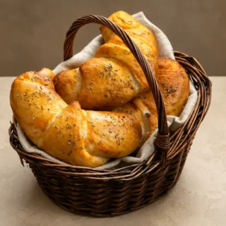 Freshly baked golden croissants served in a lined wicker basket.