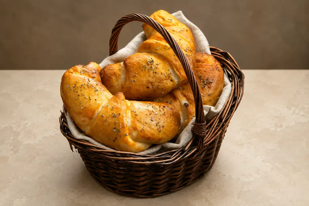 Freshly baked golden croissants served in a lined wicker basket.