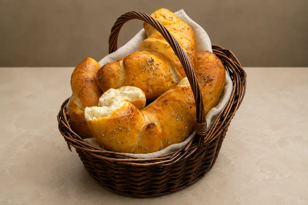 Golden oregano-topped croissants served together in a lined wicker basket.