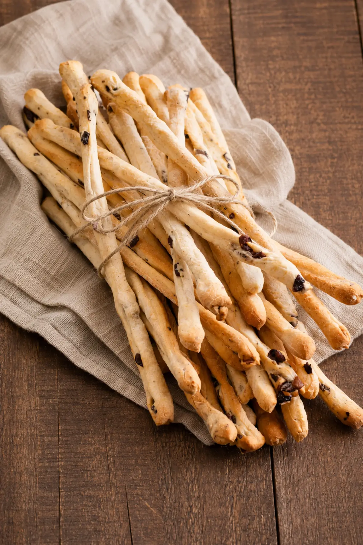 Crunchy breadsticks with black olives tied with twine on a rustic cloth.