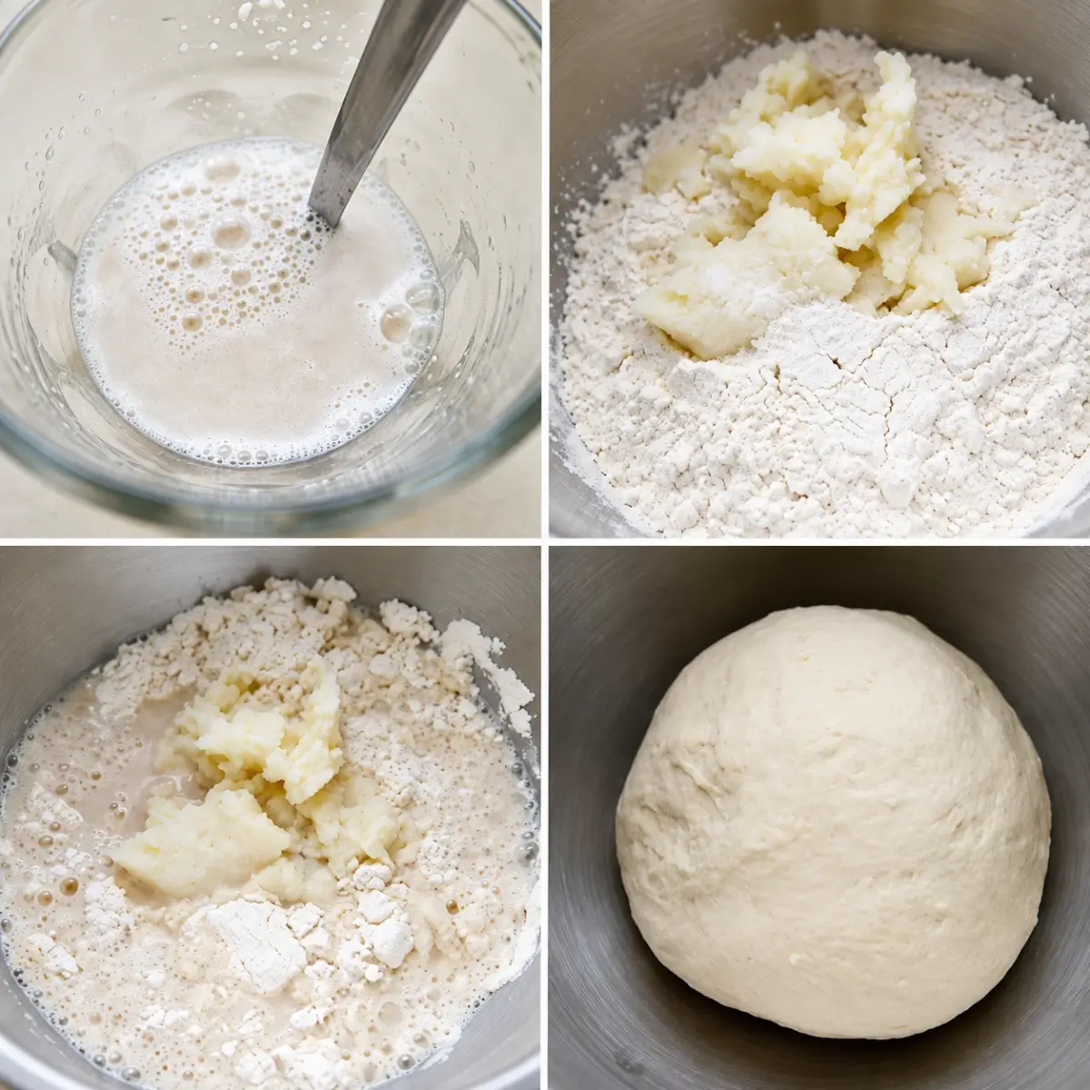 Yeast mixture, flour and mashed potato shown before kneading into a smooth dough.