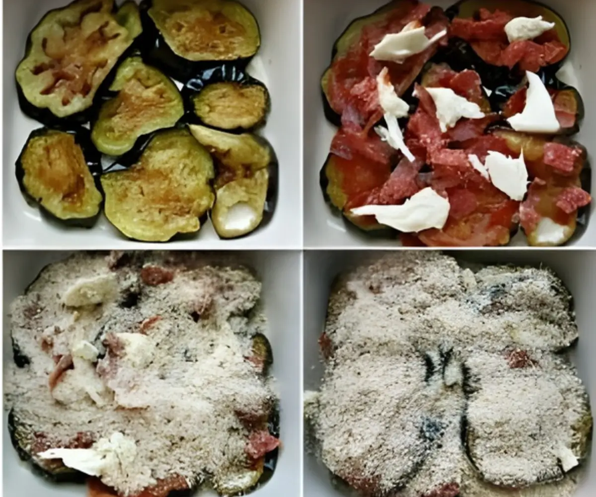 Layering eggplant, tomato, salami, mozzarella and crumbs in the dish.