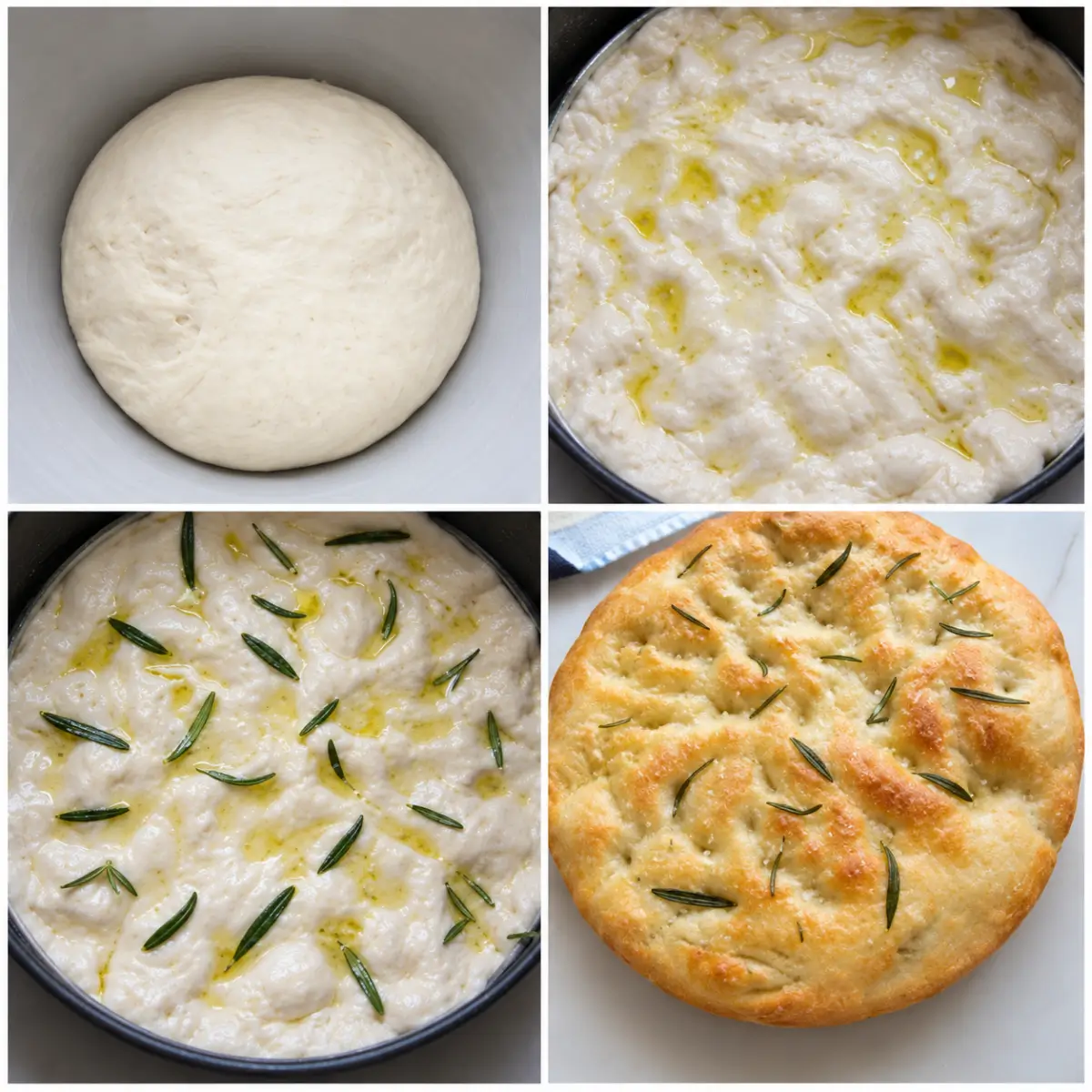 Potato focaccia dough rising, pressed with olive oil and rosemary, then baked until golden.