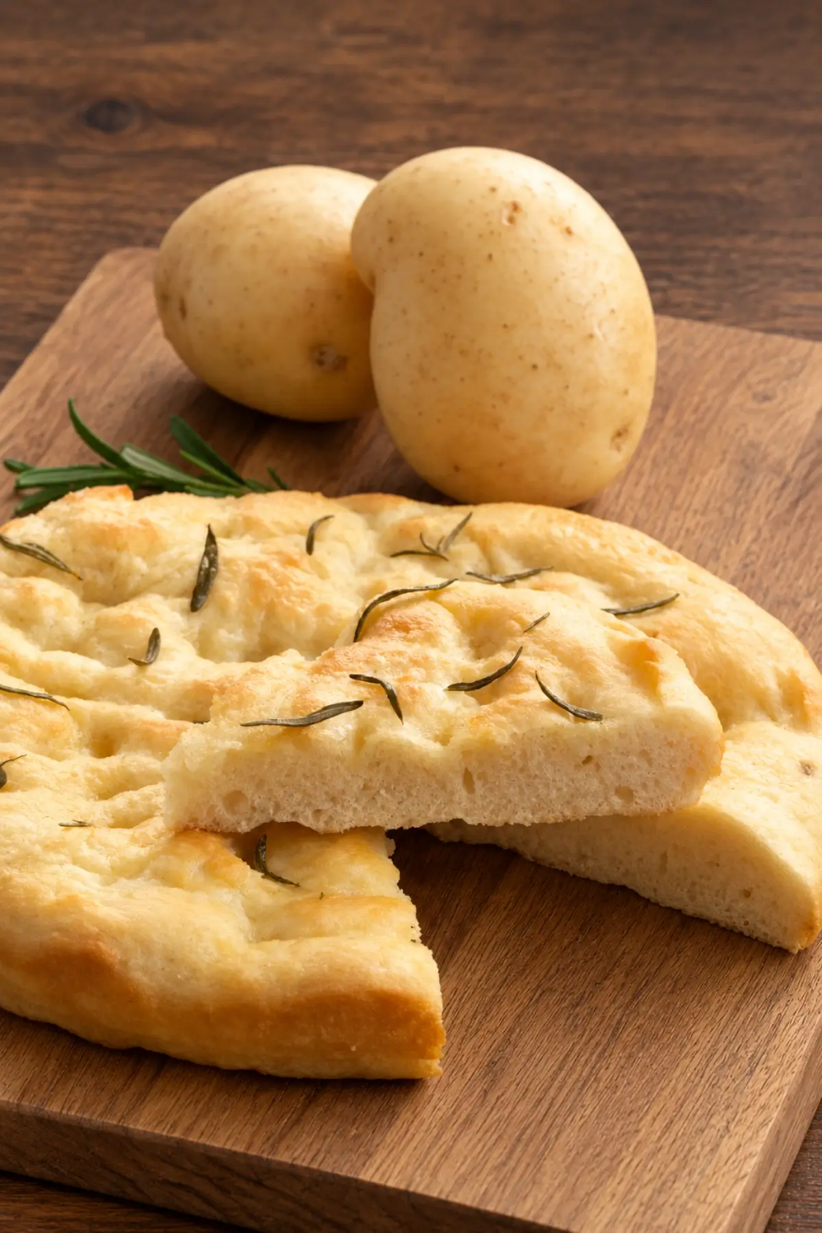 A slice of rosemary focaccia rests over the cut loaf.