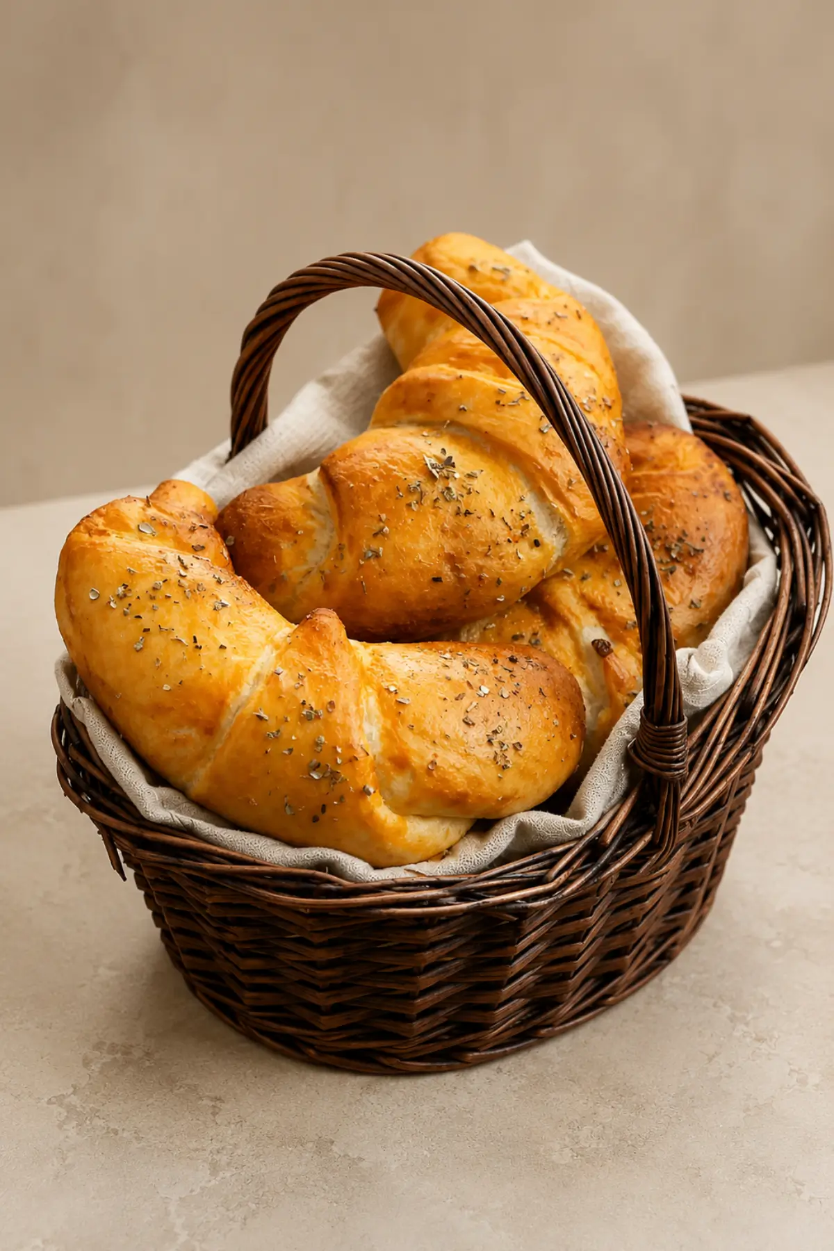 Close-up of golden baked croissants sprinkled with oregano in a wicker basket.
