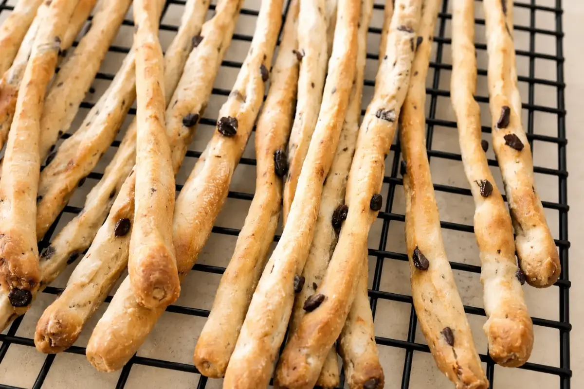 Freshly baked Olive Breadsticks cooling on a wire rack before serving.