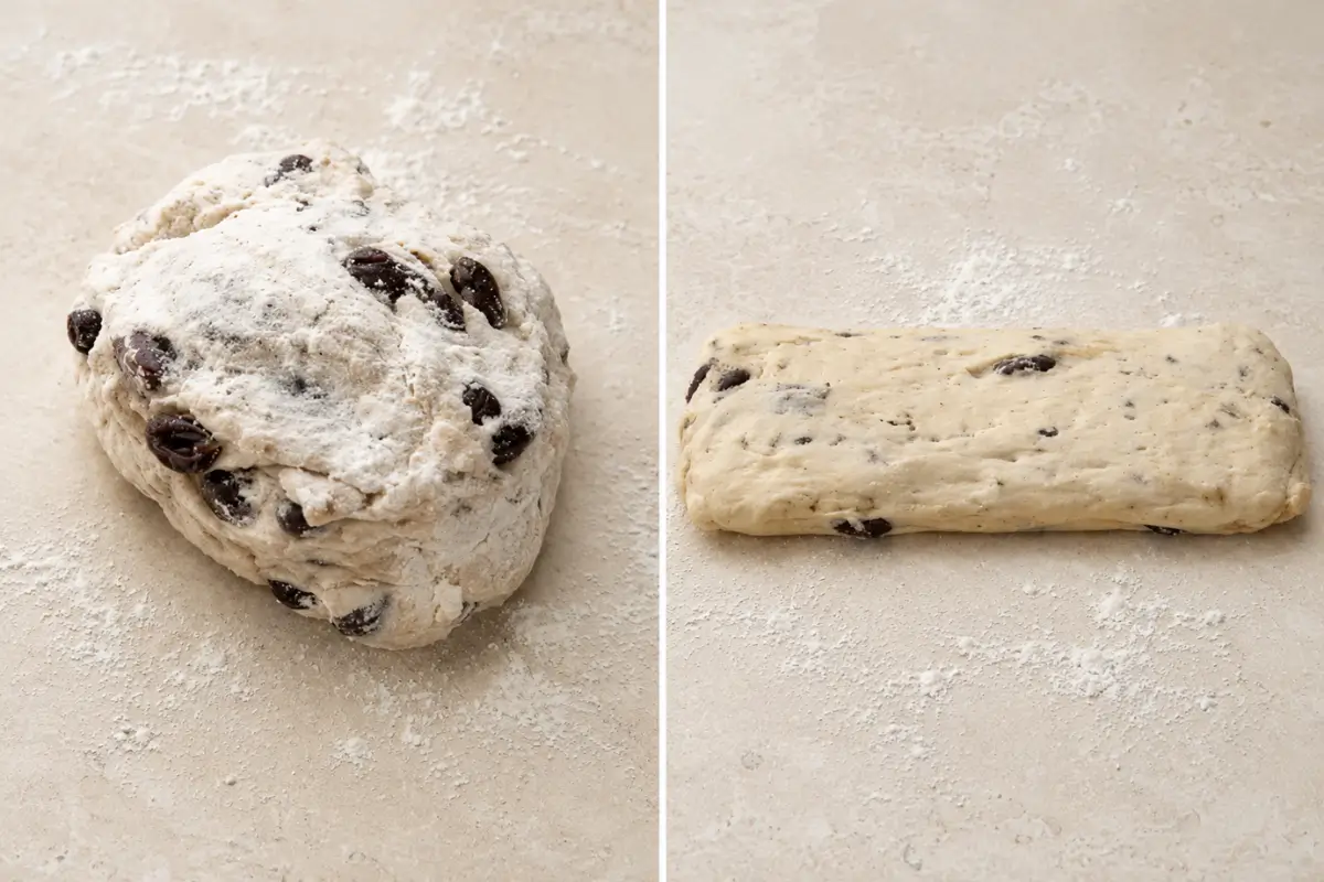 Olive breadsticks dough after kneading, then shaped into a rectangle.