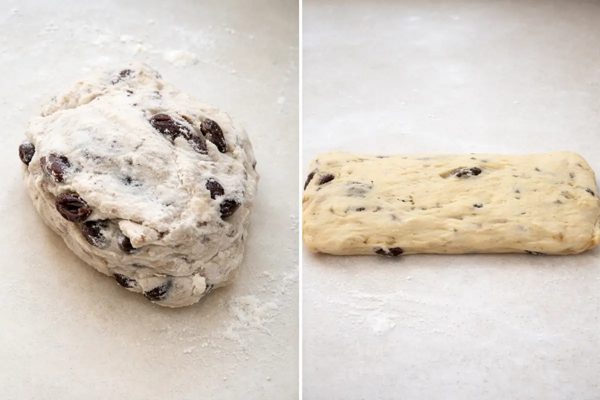 Olive dough on a floured surface before and after being shaped into a thick rectangle.