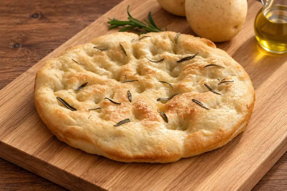 Whole potato focaccia topped with rosemary on a wooden serving board.