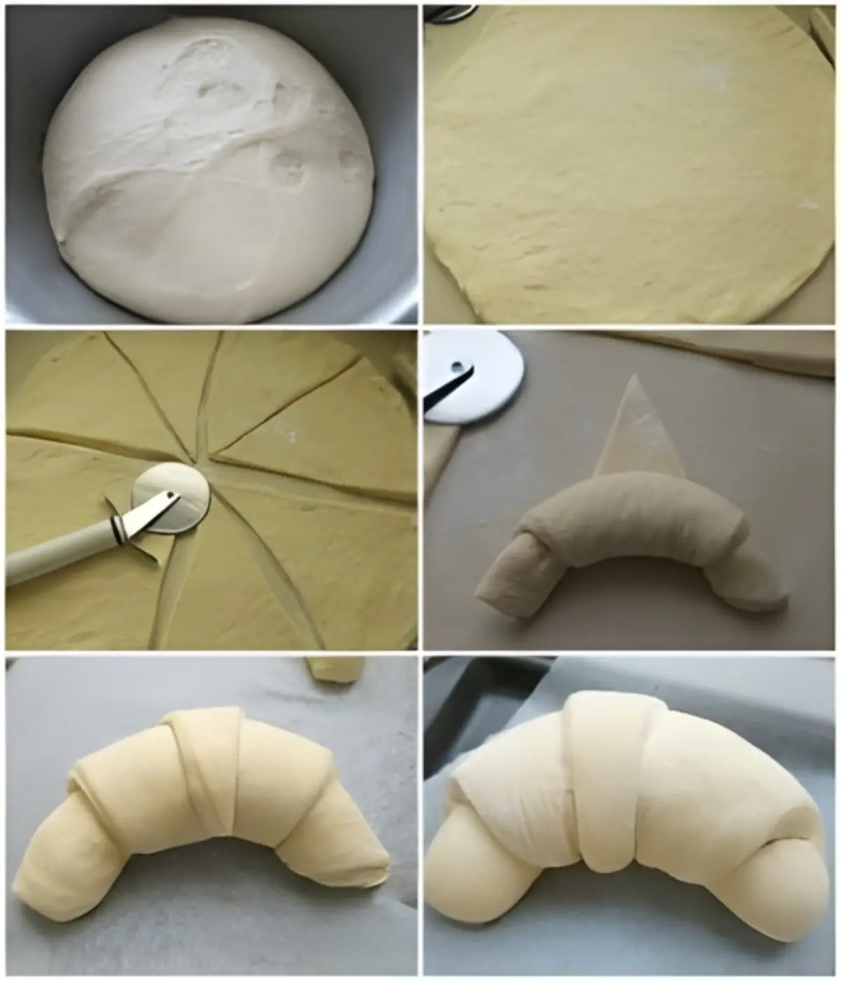 Dough rolled, cut into wedges, and shaped into croissants.