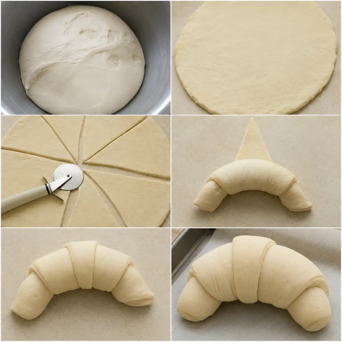 Dough rolled into a circle, cut into wedges and shaped into Savoury Croissants.