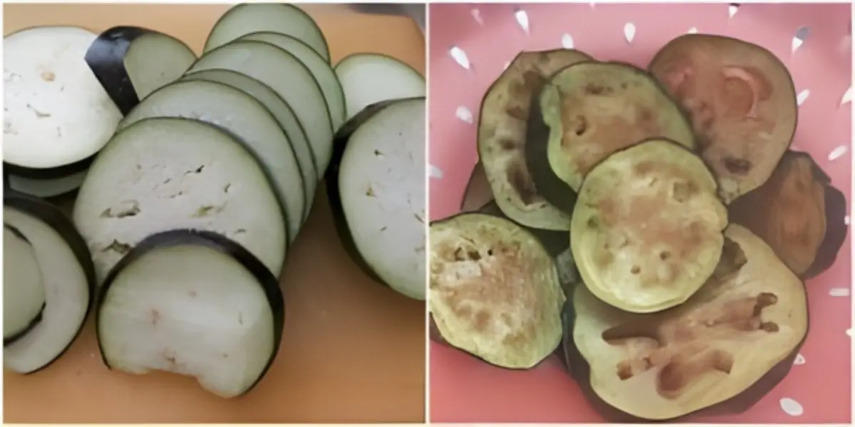 Freshly sliced eggplant and soaked pieces in a colander.
