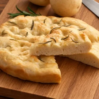 Sliced rosemary focaccia with a soft crumb beside whole potatoes.