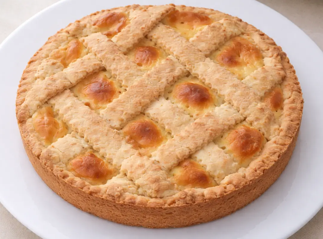 Baked crostata-style cake with golden lattice top and lightly browned surface.