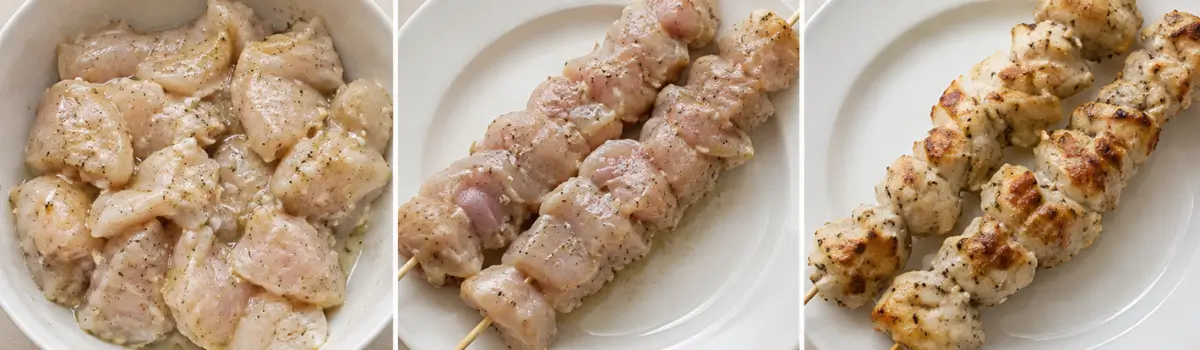 Marinated chicken shown raw, threaded onto skewers and cooked until lightly browned.