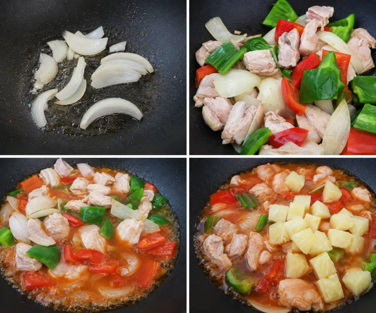 Four stages of cooking Sweet and Sour Chicken Stir Fry, from sautéing the onion to adding the pineapple.