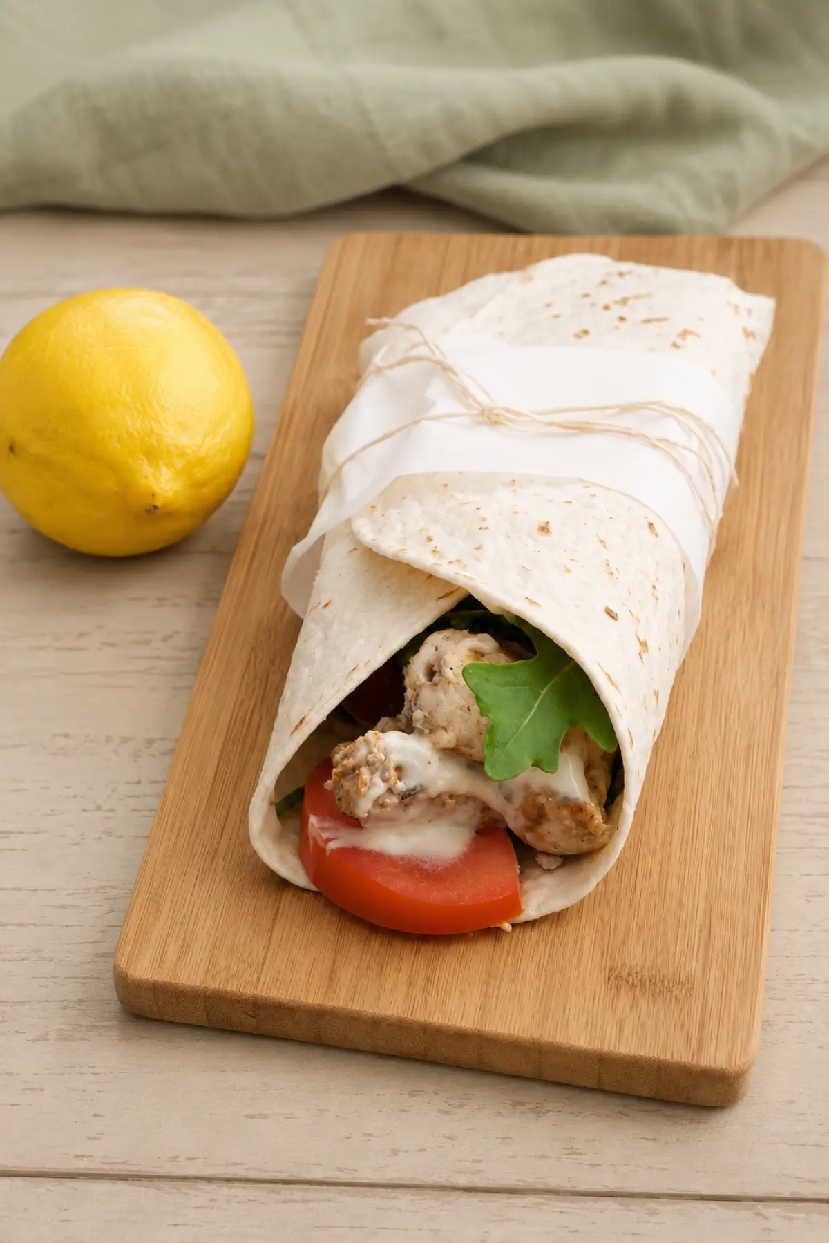 Chicken wrap filled with tomato, rocket and creamy aioli beside a fresh lemon.