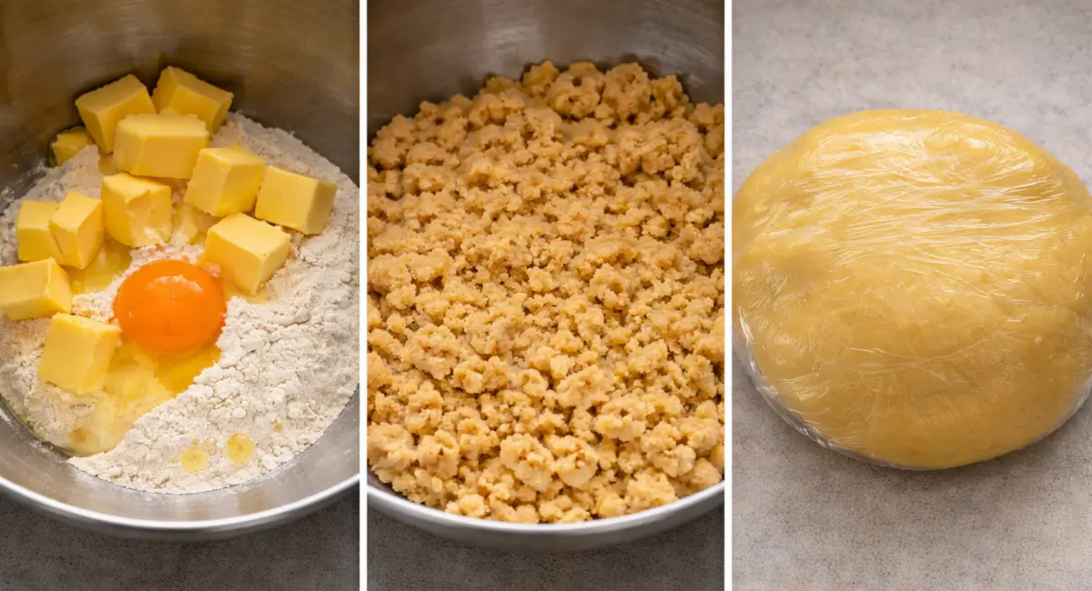 Collage showing dough ingredients mixed, crumbly texture formed, and dough wrapped for chilling.
