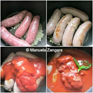 Sausages browning with onions, then simmering in tomato sauce with basil.