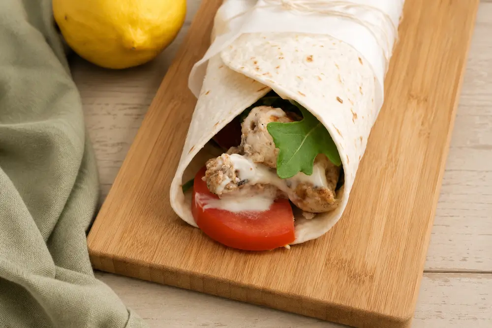 Lemon chicken wrap with aioli, tomato and rocket served on a wooden board.